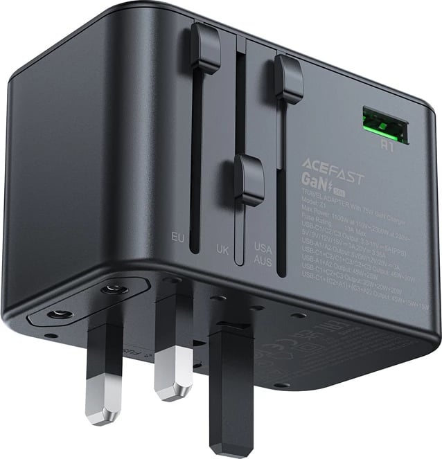 Karikues udhëtimi Acefast Z1 GaN, 75W, 3x USB-C, 2x USB-A, i zi