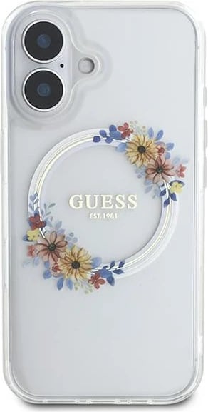 Mbështjellës Guess Flowers Wreath MagSafe për iPhone 16, Transparent