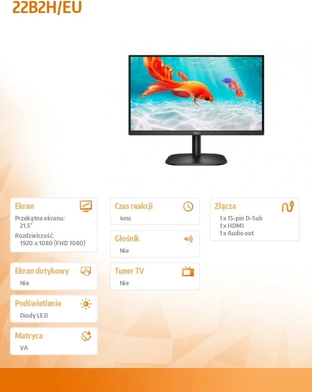 Monitor AOC 22B2H/EU, 21.5", VA, Full HD, HDMI, i zi