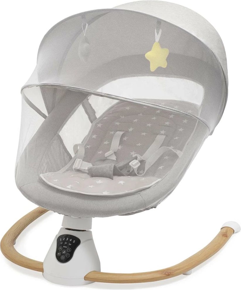 karrige lëkundëse elektrike bebe, New Baby SMART, detektor lëvizjeje/qaje, 5 shpejtësi, 12 melodi + 5 tinguj natyre, rrip 5-pikësh, tendë me rrjetë mushkonjash, gri