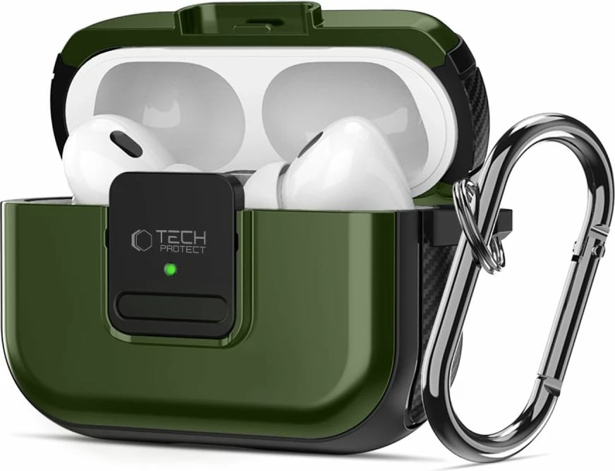 Mbështjellës Tech-Protect Defender me karabiner për AirPods Pro/Pro 2, MagSafe, Gjelbër