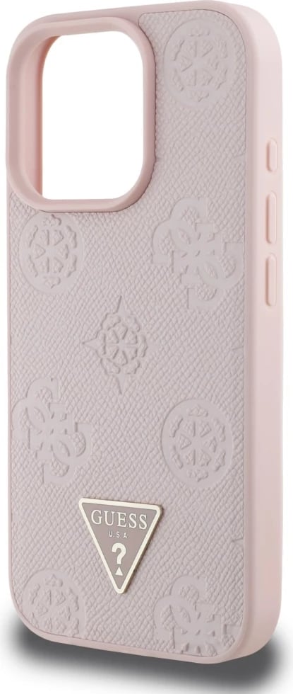 Mbështjellës Guess Grained Hot Stamp Peony Triangle Logo MagSafe për iPhone 16 Pro, Rozë
