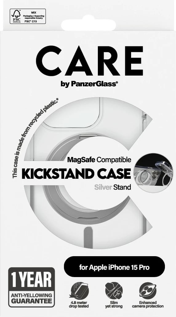 Mbështjellës PanzerGlass CARE Case me kickstand & MagSafe për iPhone 15 Pro, transparent
