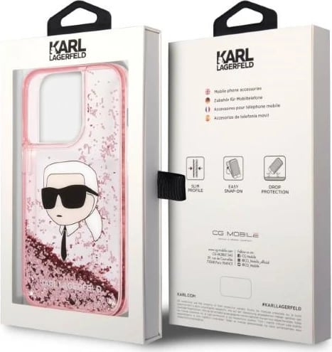 Mbështjellës Karl Lagerfeld Glitter Karl's Head për iPhone 14 Pro, rozë