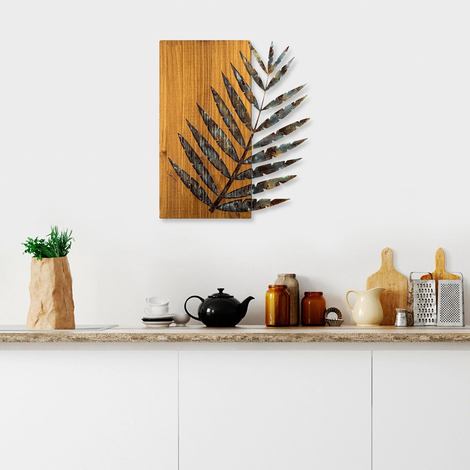 Aksesor dekorativ muri prej druri, Wallity, gjethe 3-1