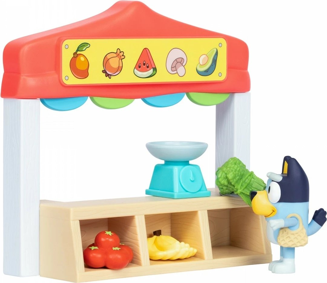 Set figurina Bluey Mini, Tm Toys BLU17555, me stendë tregu dhe aksesorë, shumëngjyrësh