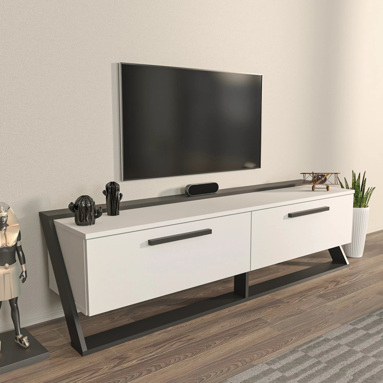 Komodë TV Skye Decor, Astrid, e bardhë dhe e zezë