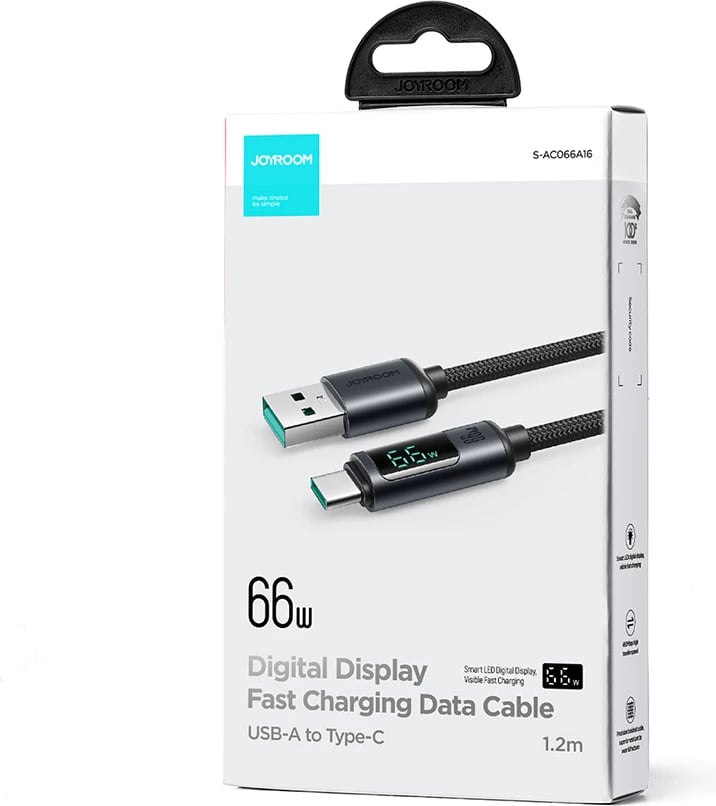 Kabllo Joyroom Prism Series A16, USB-C / USB-A, 1.2m, 66W, me ekran LED, e zezë