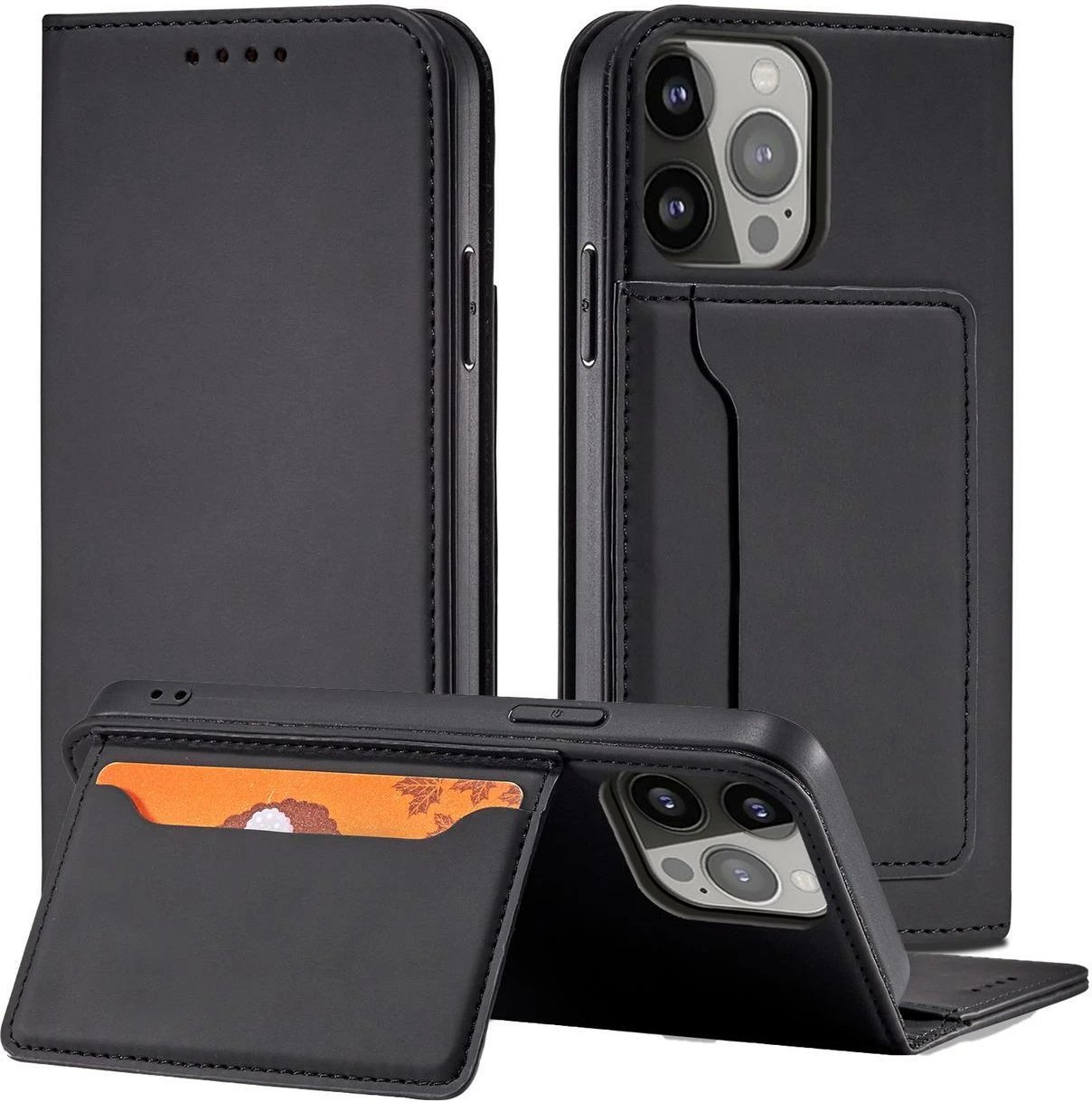 Mbështjellës Hurtel Magnet Card Case për iPhone 14 Pro Max, me kapak, xhep për karta, i zi