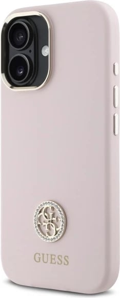 Mbështjellës Guess Silicone Logo Strass 4G për iPhone 16, Rozë e çelët