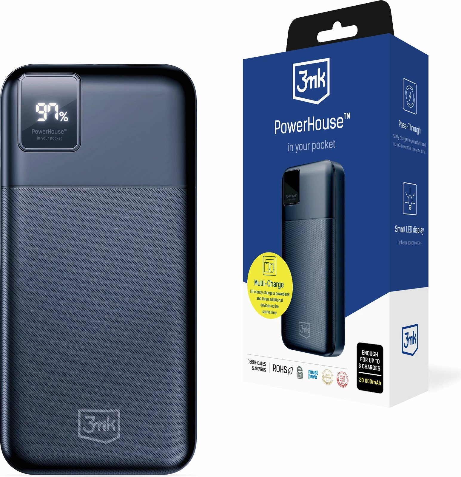 Powerbank 3mk PowerHouse 20,000mAh, 3 porta, Blu