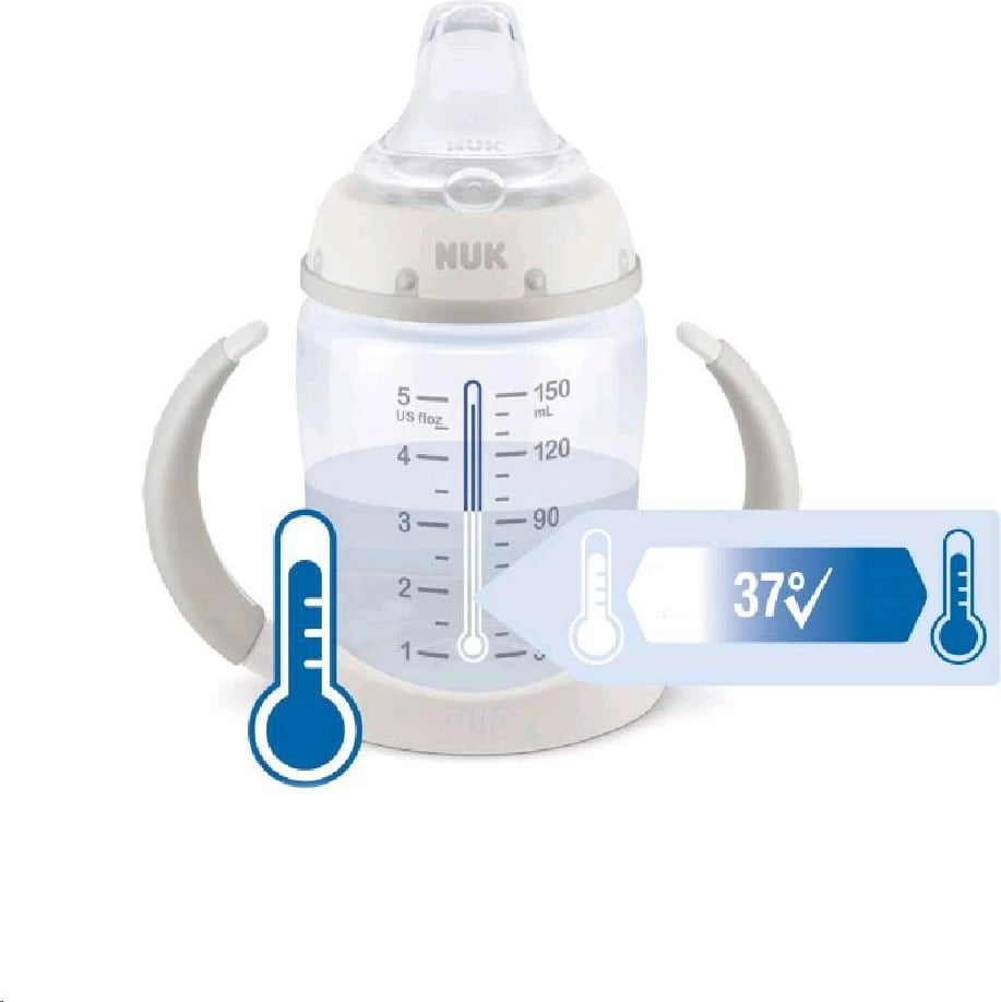 shishe mësimi bebe NUK Disney Mickey First Choice 150 ml, kontroll temperature, silikon, 6–18 muaj, e kuqe