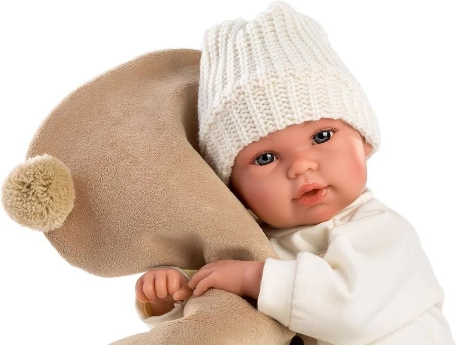 Kukull bebi Llorens Osito 63645 36 cm, qan me shtypje barku, trup pambuku me pjesë vinyl, me bateri LR44, ngjyrë krem/bezhë, set me veshje 2-pjesëshe, shilte arushi dhe cicë