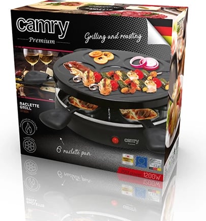 Grill raclette elektrik, Adler, CR 6606, 1200W, pjatë 25 cm, e zezë, set me 6 tiganë