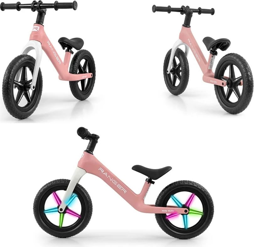 Biçikletë pa pedale për fëmijë, Milly Mally Ranger Flash, 12\" EVA, kornizë kompozite, rrota me LED, peshë 2.8 kg, rozë
