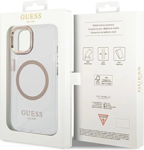 Mbështjellës Guess GUHMP14SHTRMD për iPhone 14 6.1", Metal Outline Magsafe, Transparent/Gold