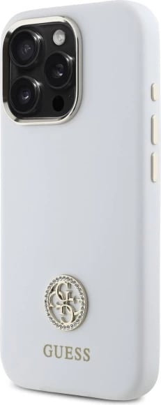 Mbështjellës Guess Silicone Logo Strass 4G për iPhone 16 Pro, Bardhë