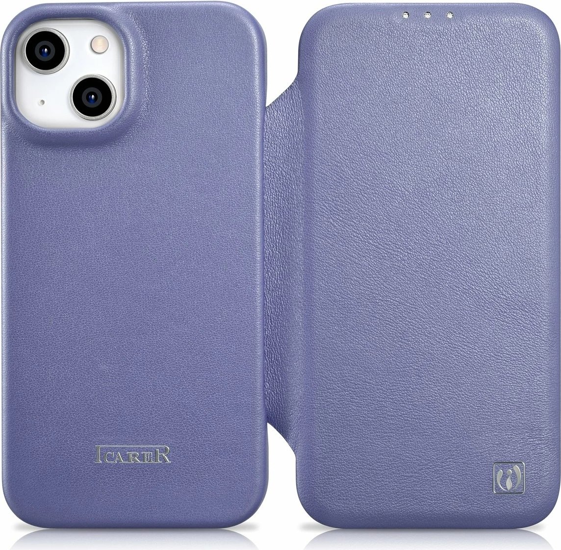 Mbështjellës lëkure iCarer CE Premium Folio për iPhone 14 Plus, MagSafe, Vjollcë e lehtë