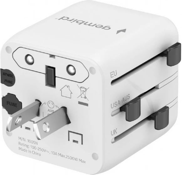 Adapter udhëtimi universal, Gembird, TPA-INT-01-W, priza US/UK/EU/AU, siguresë 10 A, e bardhë