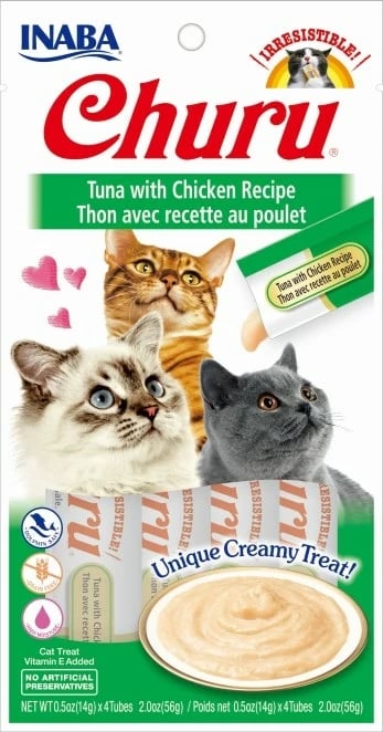 Shpërblime për mace me përmbajtje mish tuna dhe pulë 