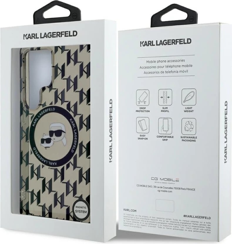 Mbështjellës Karl Lagerfeld Button Karl & Choupette Heads On KL Pattern MagSafe për Samsung Galaxy S25 Ultra, zi