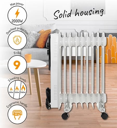 Ngrohës me vaj, Adler, AD 7816, 2000W, 9 rebra, 3 nivele, i bardhë
