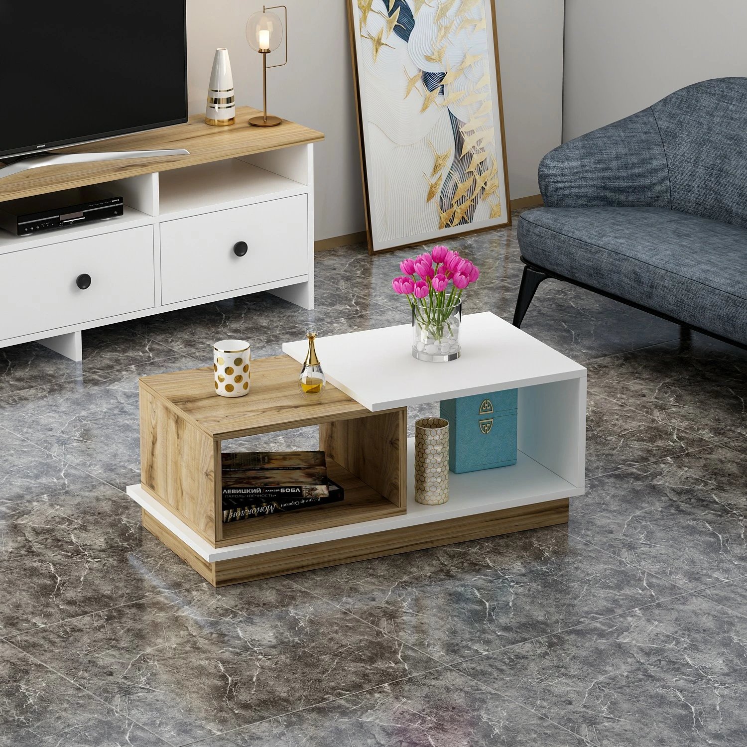 Tavolinë kafeje, Skye Decor, Viyana, e bardhë dhe lis