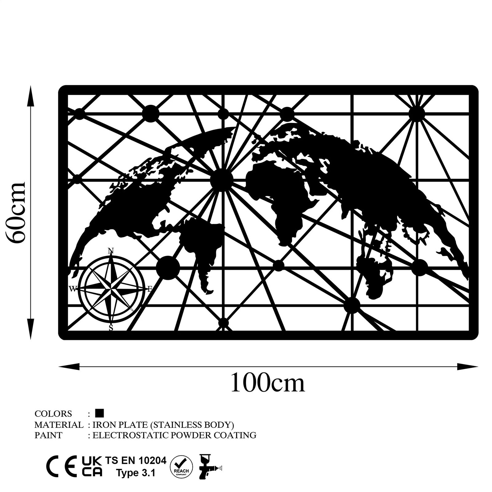 Aksesor dekorativ metalik për mur, hartë bote, Wallity, 60x100cm, ngjyrë e zezë
