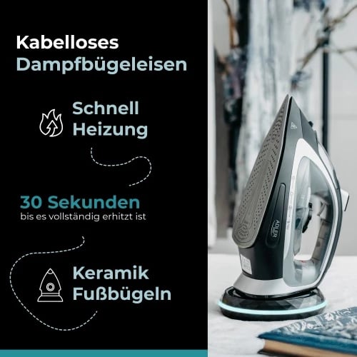 Hekur me avull pa kabllo 2-në-1, Adler AD 5043, 2800W, bazë qeramike 23.5x12 cm, depo uji 300 ml, zi/argjendtë