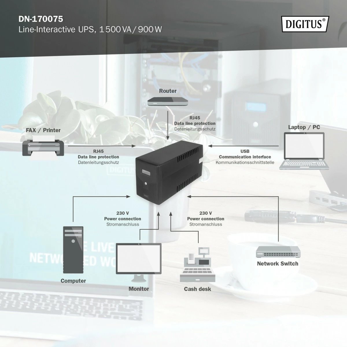 UPS Digitus DN-170075, 1500VA/900W, Line-Interactive, 2x12V/9Ah, Ekran LCD, Zezë UPS Digitus DN-170075, 1500VA/900W, Line-Interactive, 2x12V/9Ah, Ekran LCD, Zezë