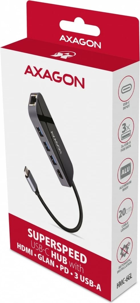 Kasë AXAGON HMC-6GL multiport USB-C 6-në-1, 3x USB-A, HDMI 4K, GLAN, PD 100W, 20cm kabllo, Gri