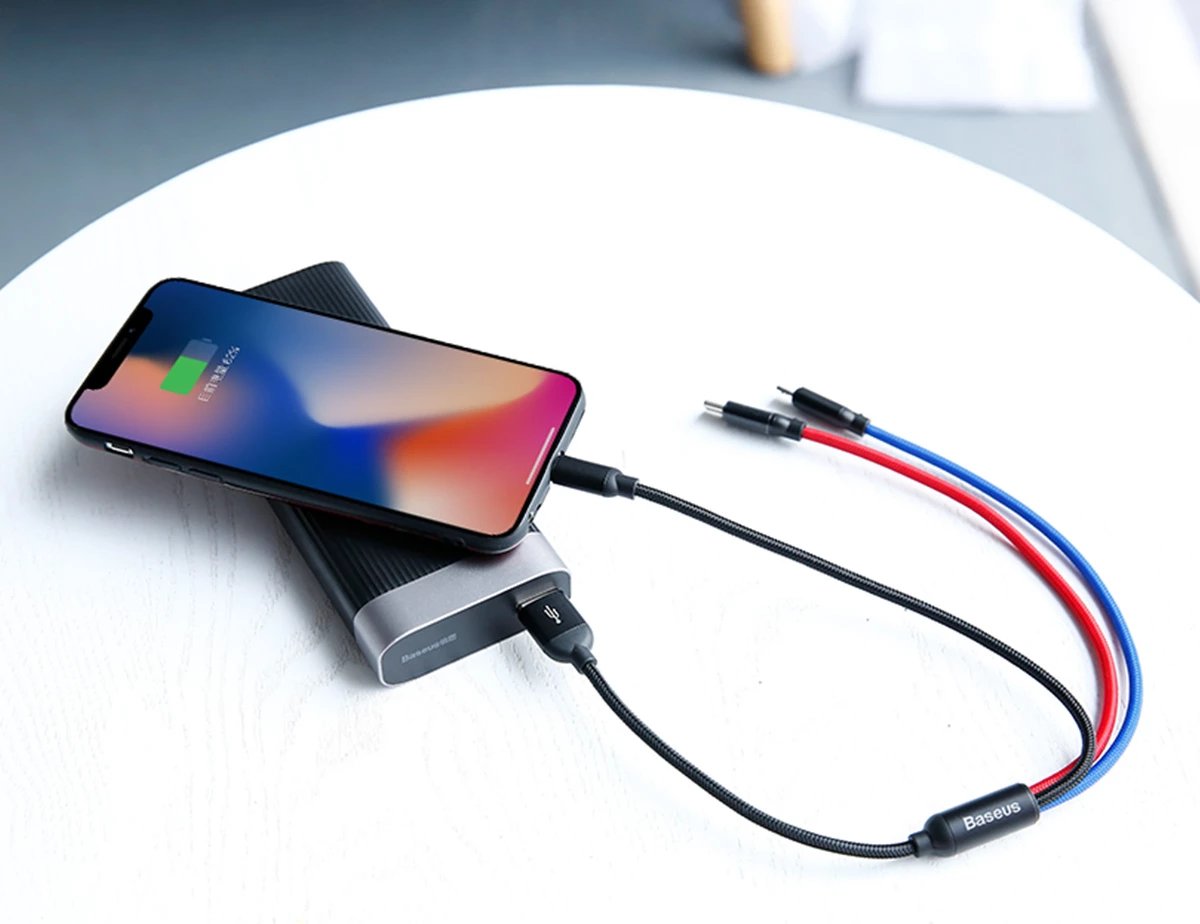 Kabllo 3-në-1 Baseus Three Primary Colors CAMLT-BSY01, 0.3m, USB-A në micro USB/Lightning/USB-C, e zezë, e kuqe, e kaltër