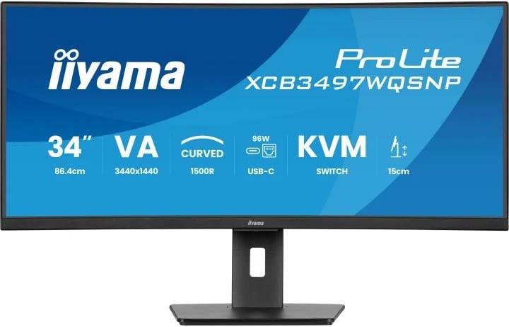 Monitor, iiyama, ProLite XCB3497WQSNP-B1, 34" UWQHD 3440×1440 VA 1500R, USB-C dock 96W, KVM, e zezë