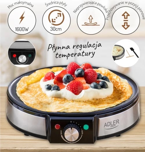 Makinë për krepë, Adler AD 3058, pjatë 30 cm, kontroll temperature, veshje jo-ngjitëse, 1200-1600W, inoks, me aksesorë