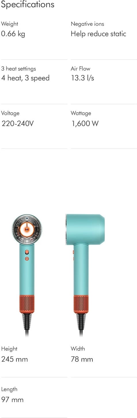Tharëse flokësh Dyson Supersonic Nural, 1600 W, 13.3 l/s, Blu, Portokalli Tharëse flokësh Dyson Supersonic Nural, 1600 W, 13.3 l/s, Blu, Portokalli