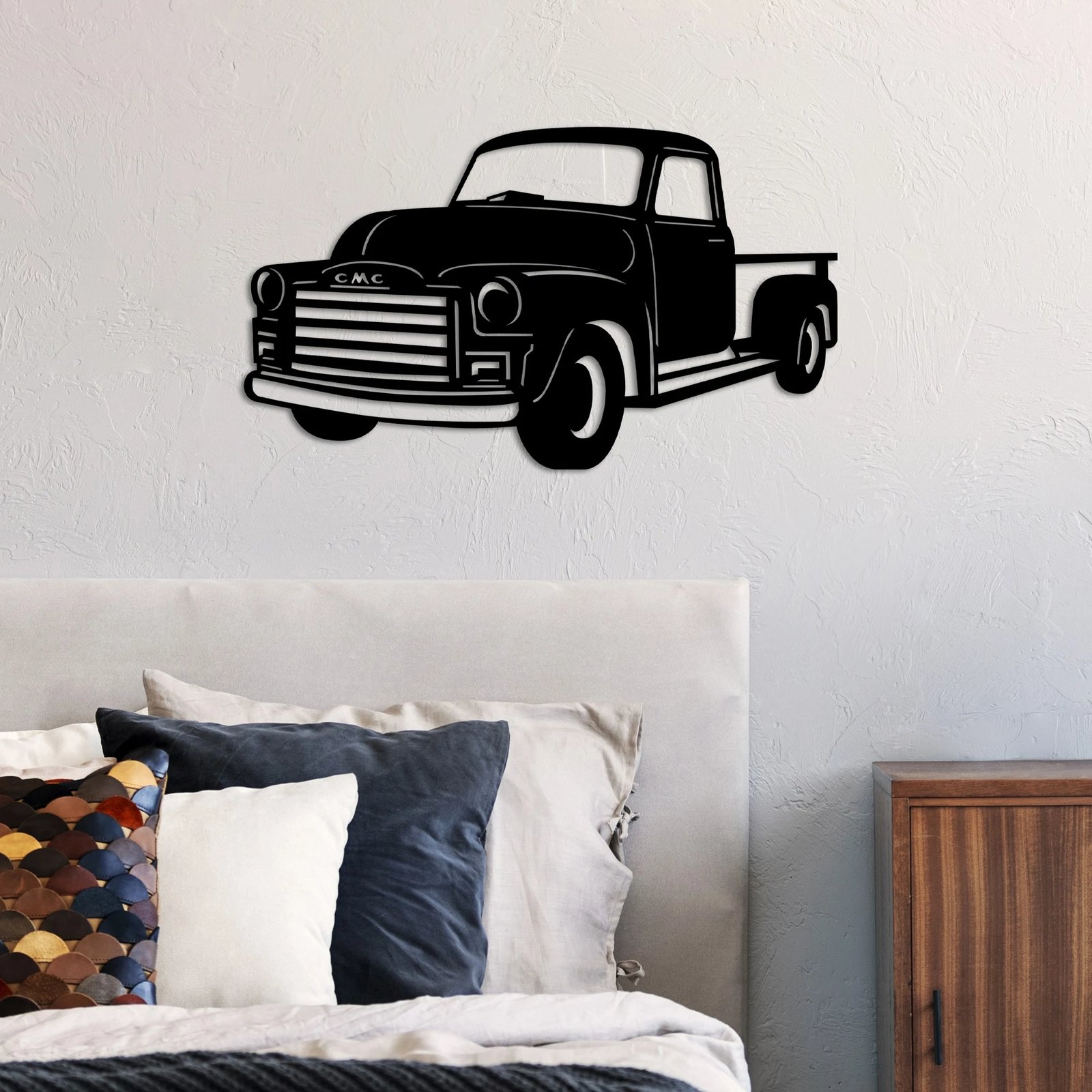 Aksesor dekorativ metalik për mur, kamion GMC 3100, ngjyrë e zezë, 60x35cm