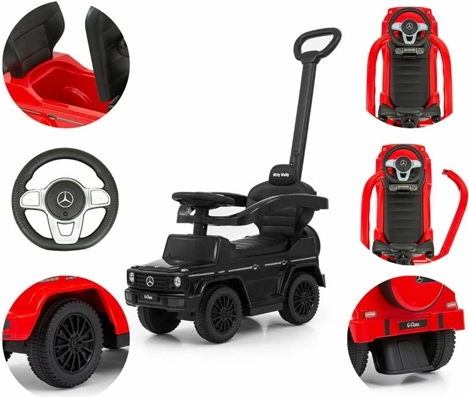 makinë shtytëse për fëmijë me dorezë, Milly Mally, Mercedes G350d, me dorezë udhëzuese, sedilje me hapësirë ruajtjeje, 12–36 muaj, 25 kg, e bardhë