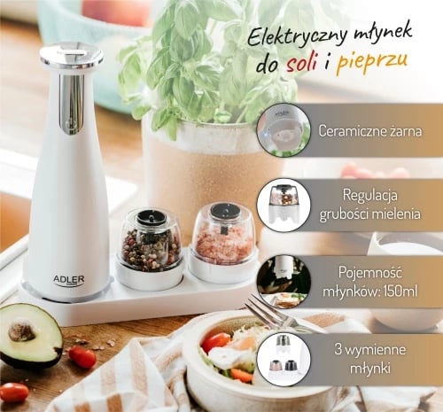 Mulli elektrik për kripë e piper, Adler AD 4449, 3 bluarsë të këmbyeshme, rregullim imtësie, 150 ml, bateri 1500mAh, USB‑C, e bardhë mat, set