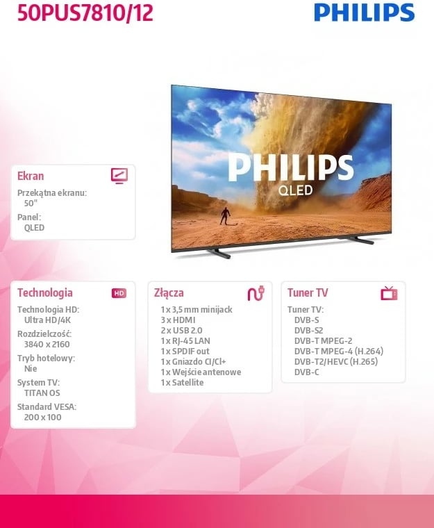 Televizor QLED, Philips, 50PUS7810/12, 50" 4K UHD HDR, HDMI 2.1 VRR, Titan OS