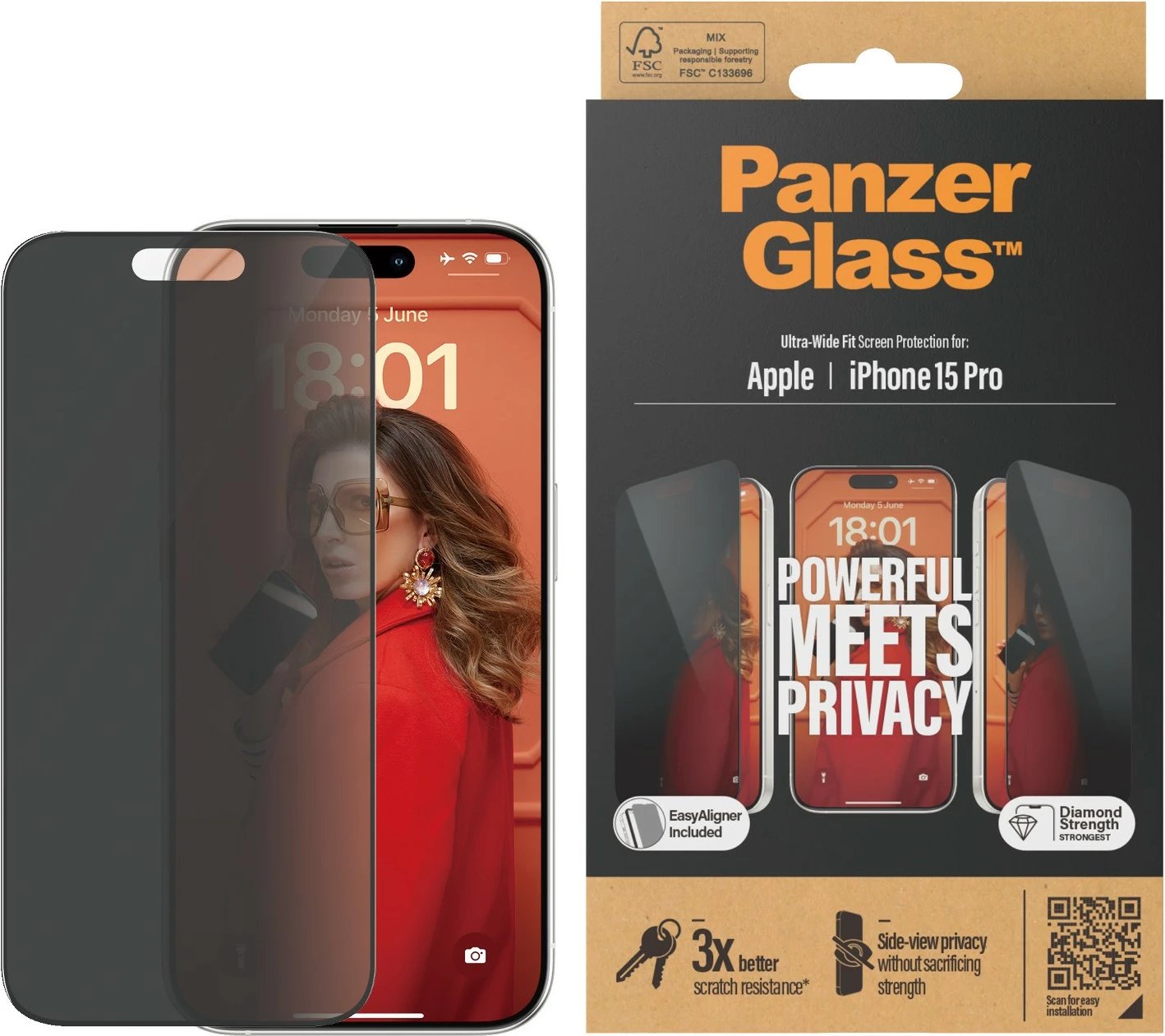 Mbrojtës ekrani PanzerGlass Privacy për iPhone 15 Pro, EasyAligner, transparent