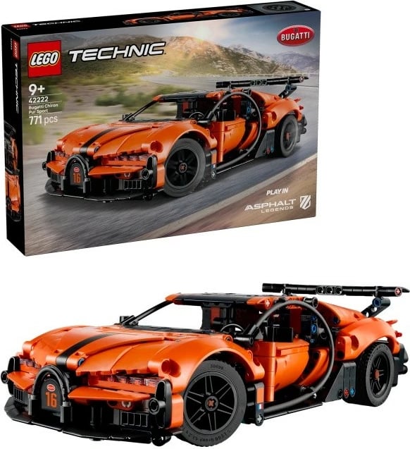 Set ndërtimi LEGO Technic 42222 Bugatti Chiron Pur Sport, 771 copa, 9+, portokalli/zezë
