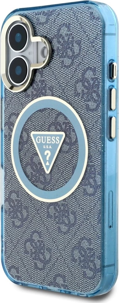Mbështjellës Guess IML Metal Glitter 4G Circle Triangle MagSafe për iPhone 16, Kaltër