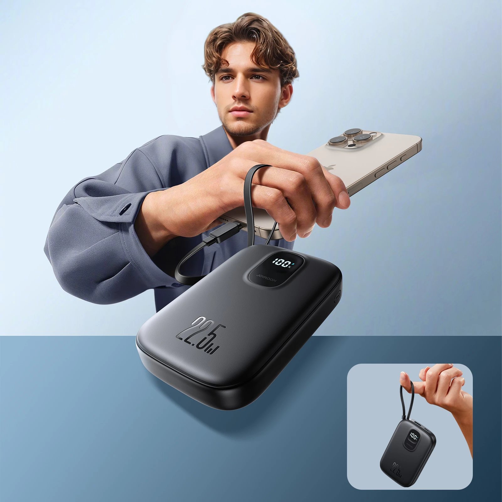 Powerbank Joyroom JR-PBF17 10000mAh 22.5W me kabllo USB-C të integruar + kabllo USB-C 25cm, e zezë