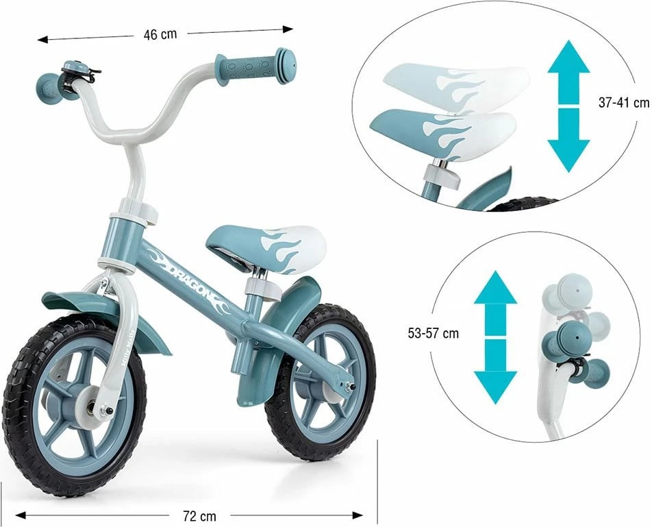 Biçikletë balancuese fëmijësh, MILLY MALLY Dragon, rrota 10", konstruksion çeliku i lehtë, gri