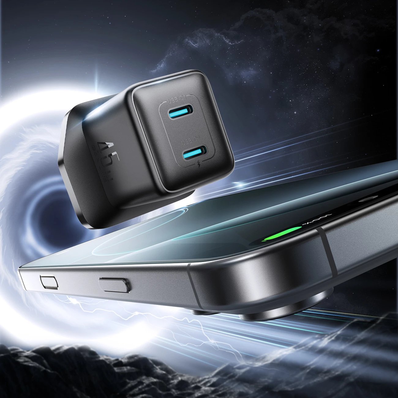 Karikues muri Joyroom JR-TCG17, 45W, 2x USB-C, pa kabllo, i zi, prizë UK