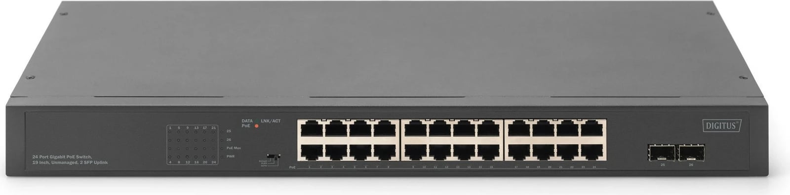 Switch Digitus 24-port Gigabit, unmanaged, PoE, rack 1U, zi