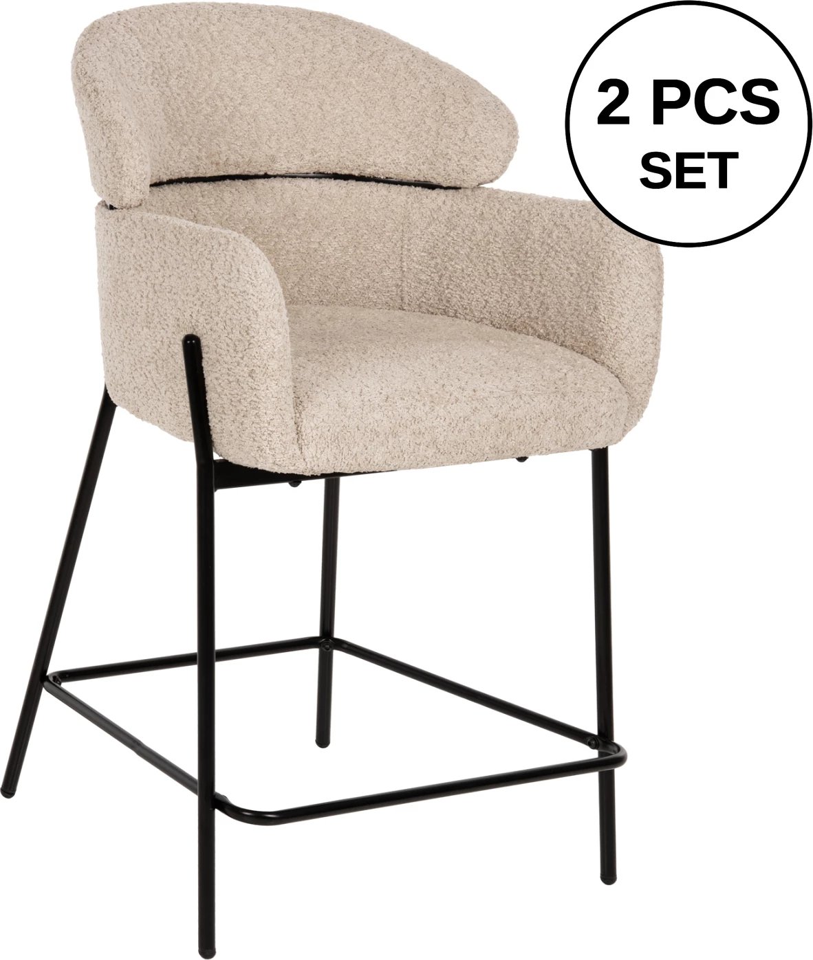 Karrige për bar mesatare WOLF FH8584.02, pëlhurë boucle ecru-këmbë metalike të zeza, 56x56x96Hcm., set prej 2 copë