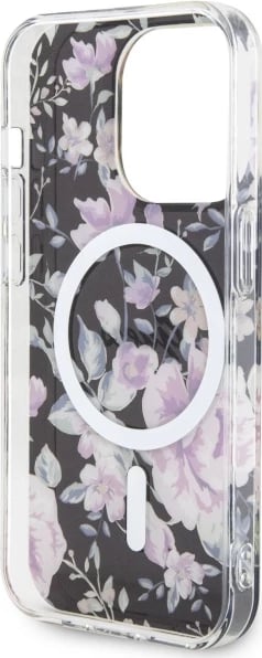 Mbështjellës Guess GUHMP14LHCFWSK për iPhone 14 Pro 6.1", Flower MagSafe, zi