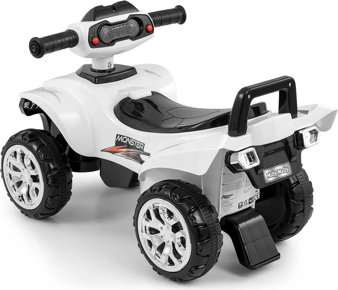 quad shtytës fëmijësh, Milly Mally Monster 5694, 4 rrota, panel muzikor me bateri, depo nën sedilje, deri 25 kg, e bardhë
