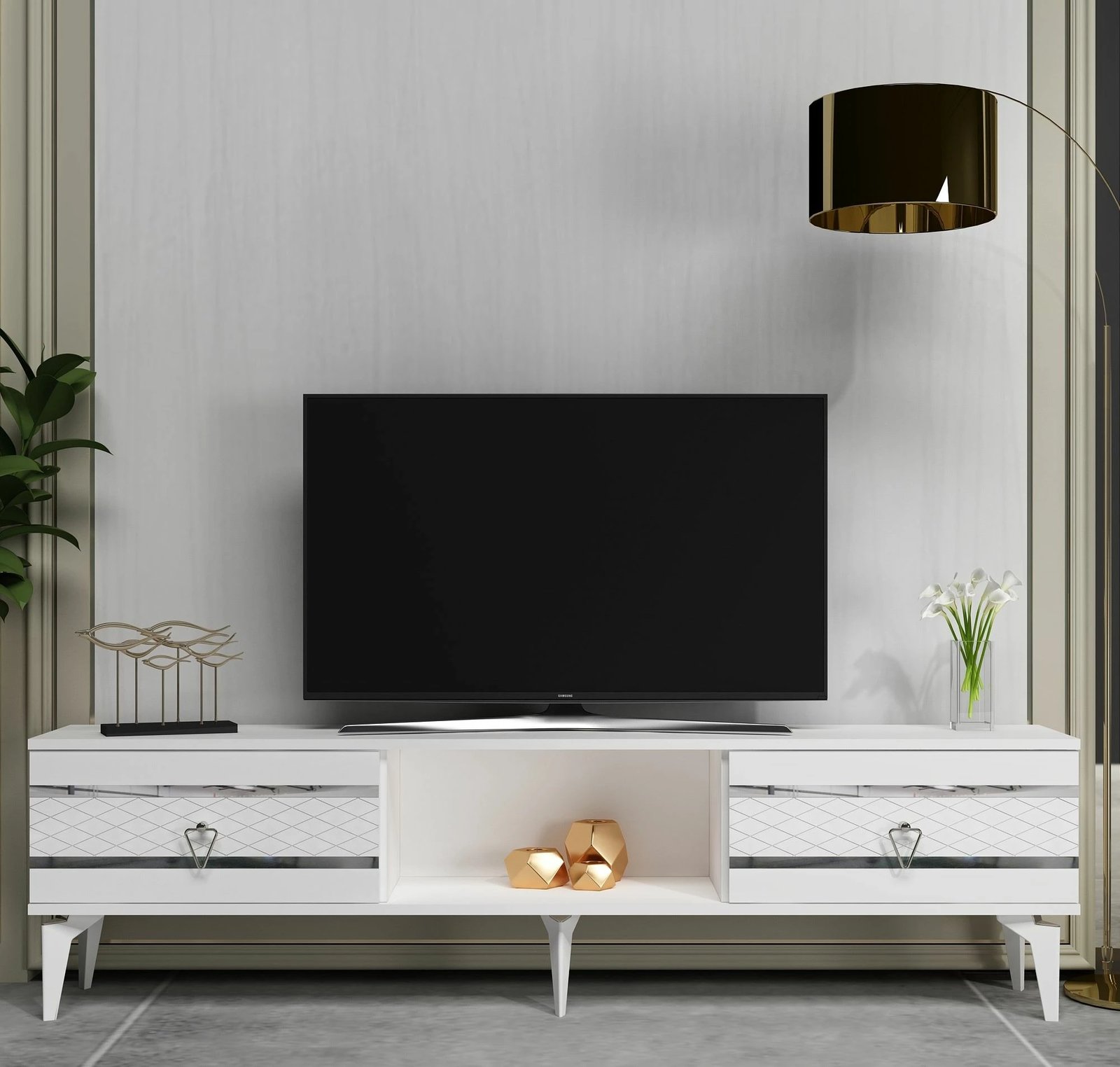 Komodë TV Skye Decor, e bardhë, argjend